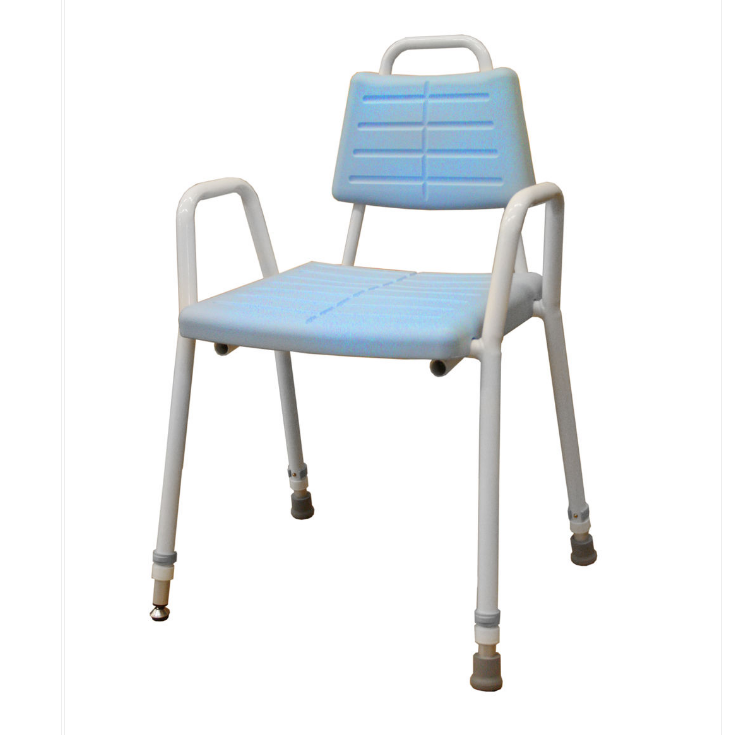 OIVAPALVELUT. ANNELI SUIHKUJAKKARA, SUIHKUTUOLI, runko valkoiseksi maalattua alumiinia, suihkujakkarassa on irrotettava iskunkestävä ja pestävä muovi-istuin. Suihkutuolin jalkoja voidaan säätää pikalukoilla, suihkutuolissa on lisäksi tasausjalka joka tasapainottaa kylpyhuoneen kallistusta ja pitää tuolin vakaana.