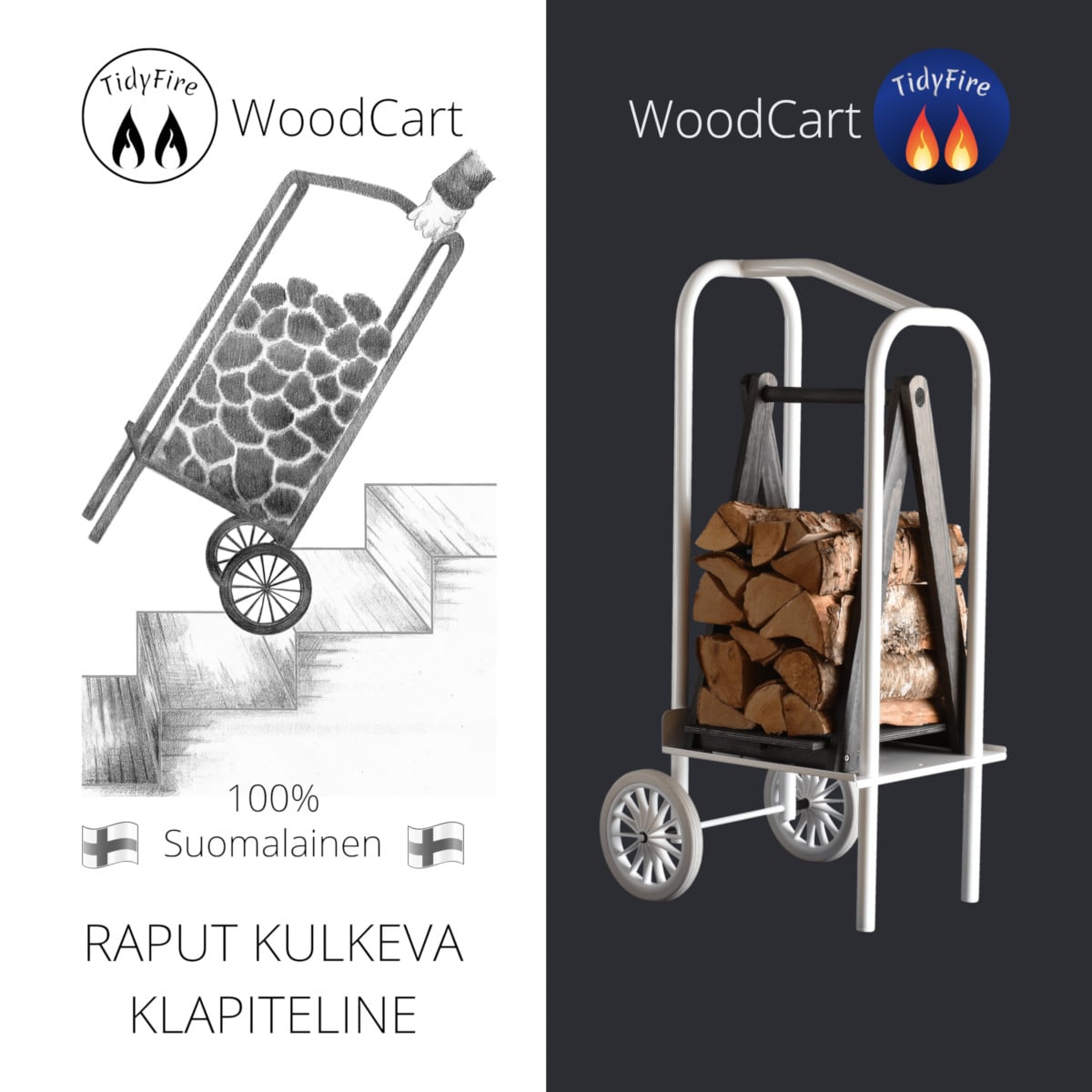 KAMPANJA: TidyFire WoodCart klapikärry ja kokoontaittuva, puinen puunkantoteline yhteishintaan